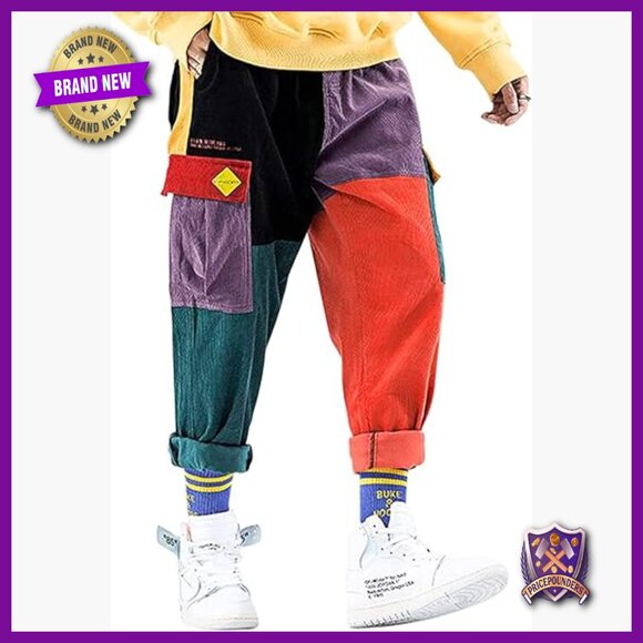 Men's Corduroy Cargo Joggers with Patchwork Design and Drawstring Waist